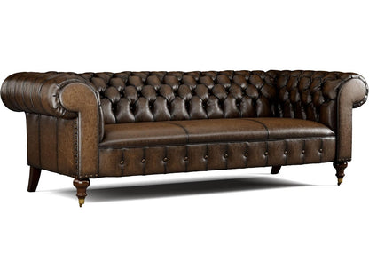 Daniel Leather Sofa with Tufted Back and Brass Casters