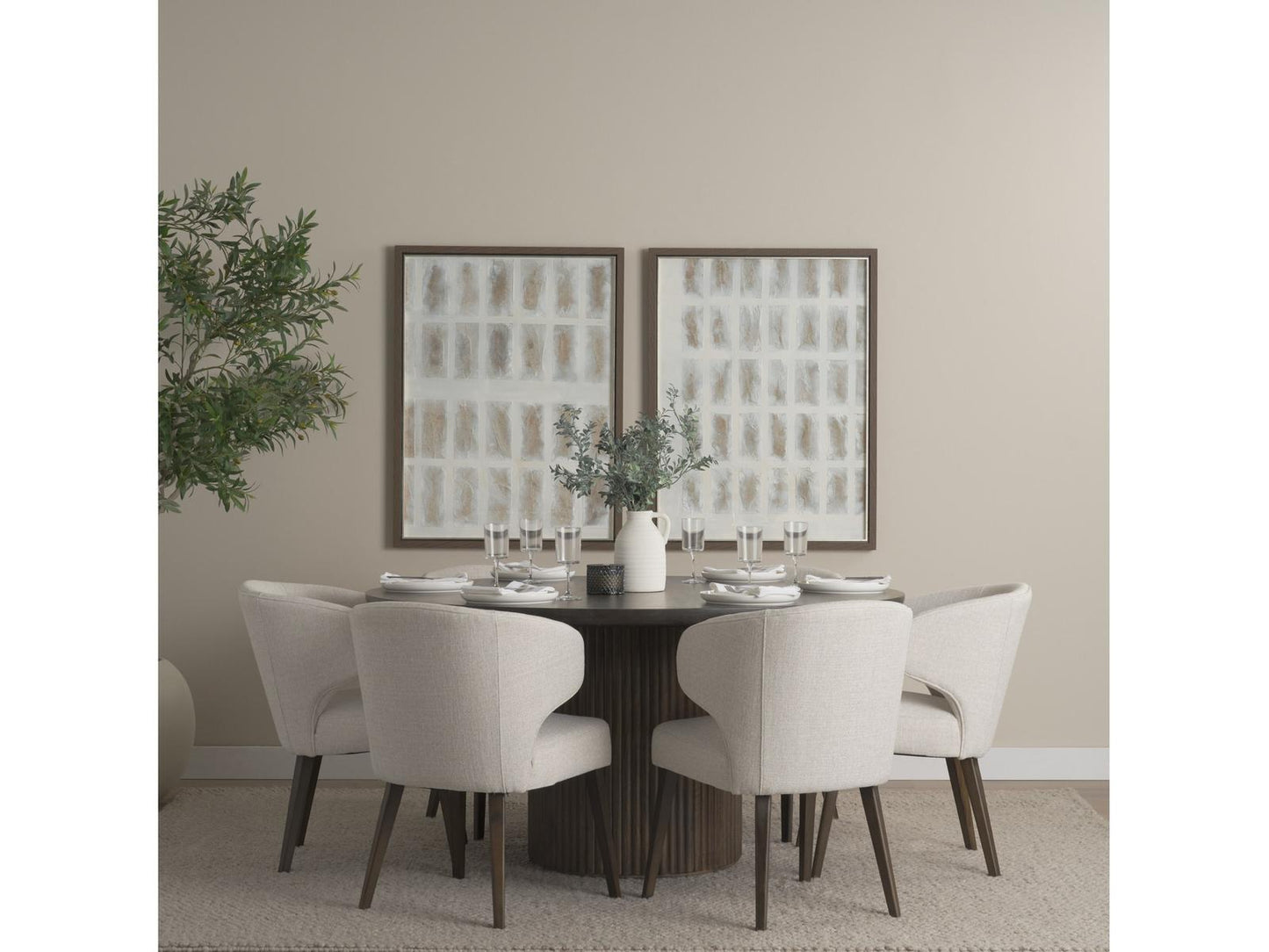 Mercana Terra 60-Inch Round Fluted Dining Table with 6 Niles Wingback Dining Chairs