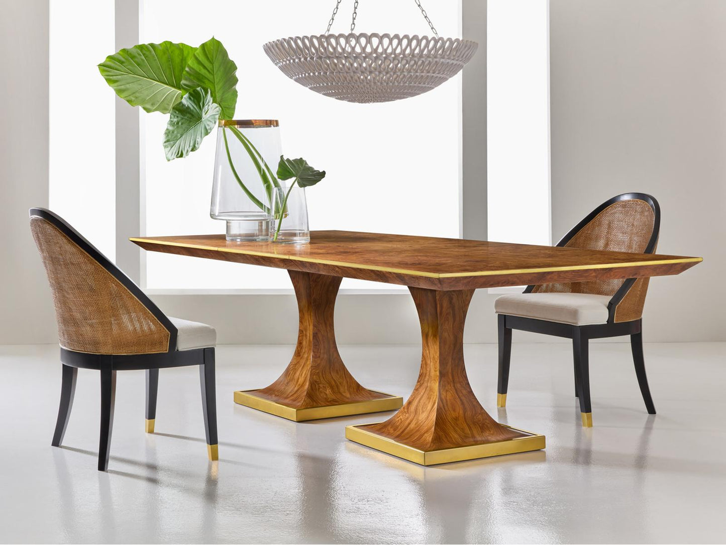Burl Oak Rectangular Dining Table with Gold Leaf Accents and Brass Base