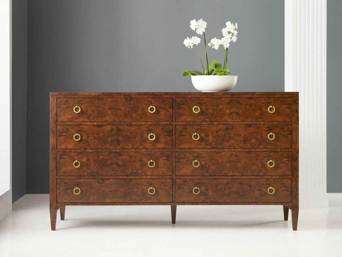 Walnut Brown Burlwood Double Dresser with Antique Brass Hardware