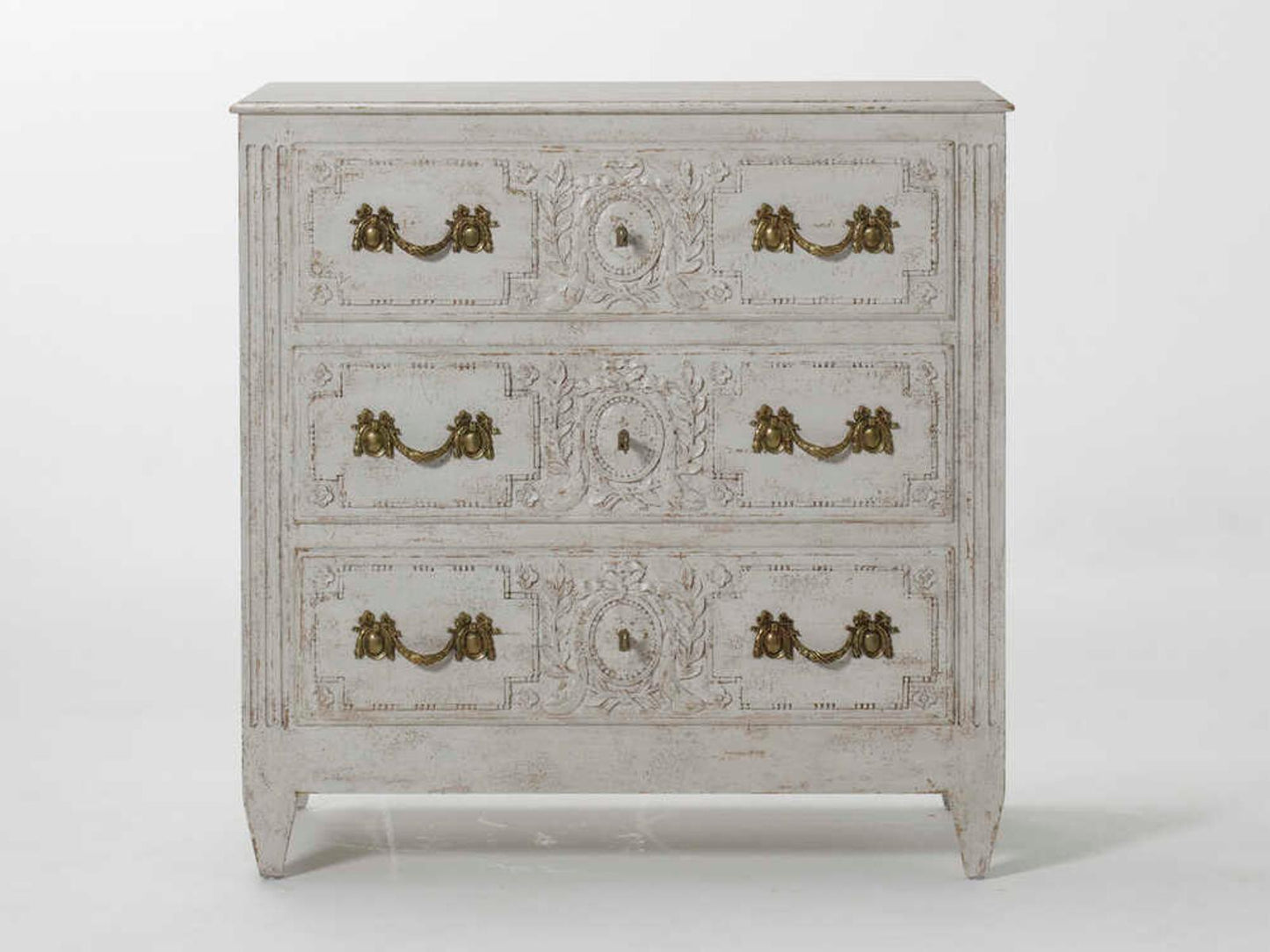 Carved Oak 3-Drawer Nightstand with Distressed White Finish