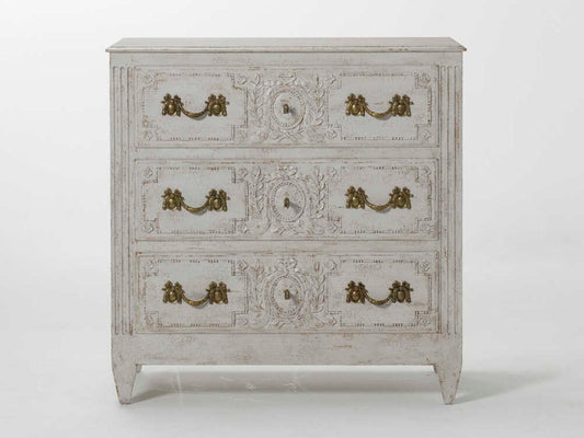 Carved Oak 3-Drawer Nightstand with Distressed White Finish