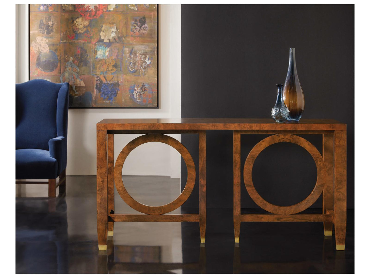Moab Rectangular Wood Console Table with Walnut Burl and Brass Accents