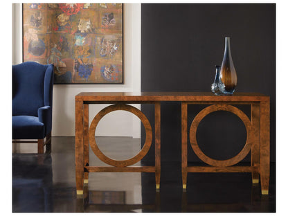 Moab Rectangular Wood Console Table with Walnut Burl and Brass Accents