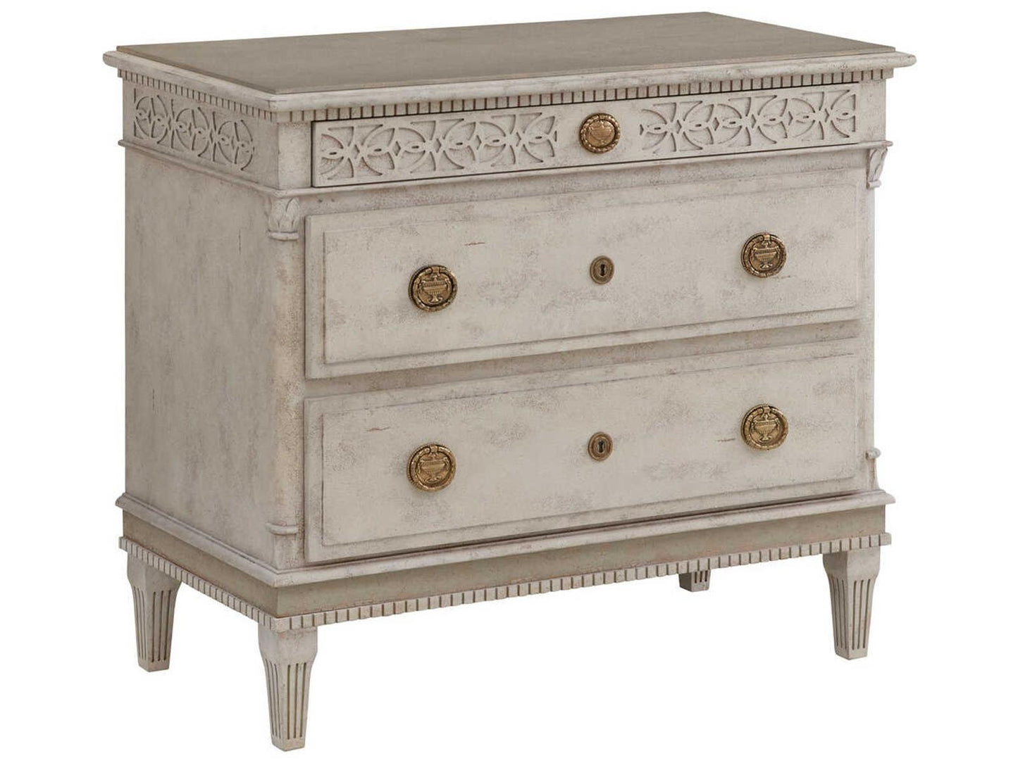 Gustavian 2-Drawer White Nightstand with Antique Brass Hardware