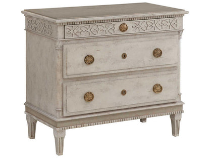 Gustavian 2-Drawer White Nightstand with Antique Brass Hardware