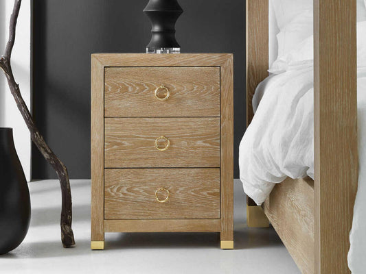 Ventura 3-Drawers Beige Oak Wood Nightstand with Brass Accents