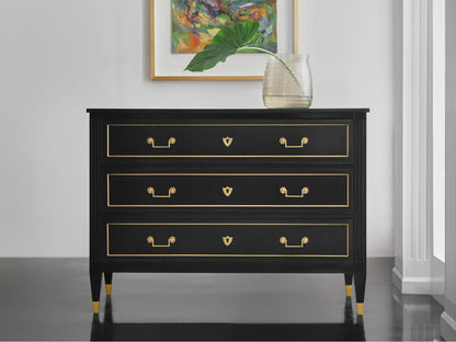 French 3-Drawers Black Dresser with Antique Brass Hardware