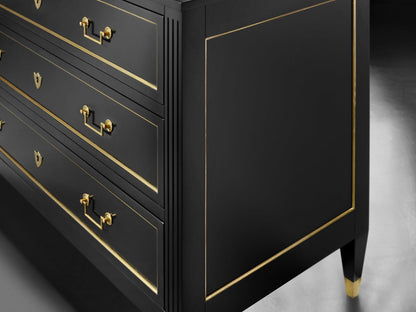 French 3-Drawers Black Dresser with Antique Brass Hardware