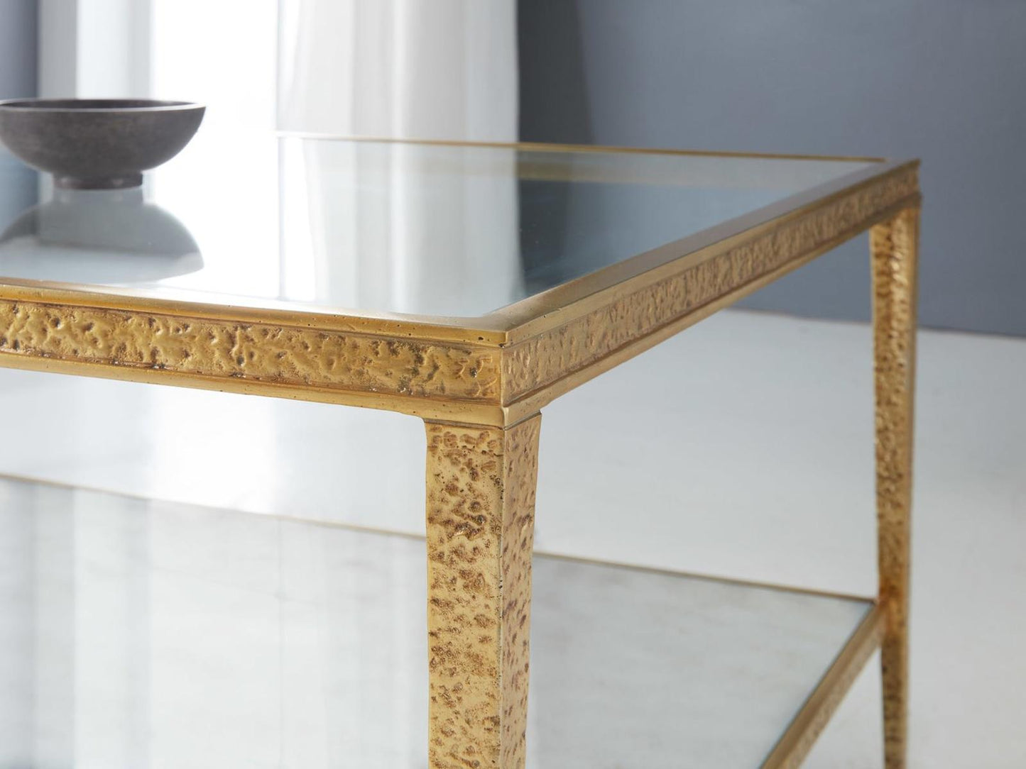 Sculpture Square Glass Antique Brass Coffee Table