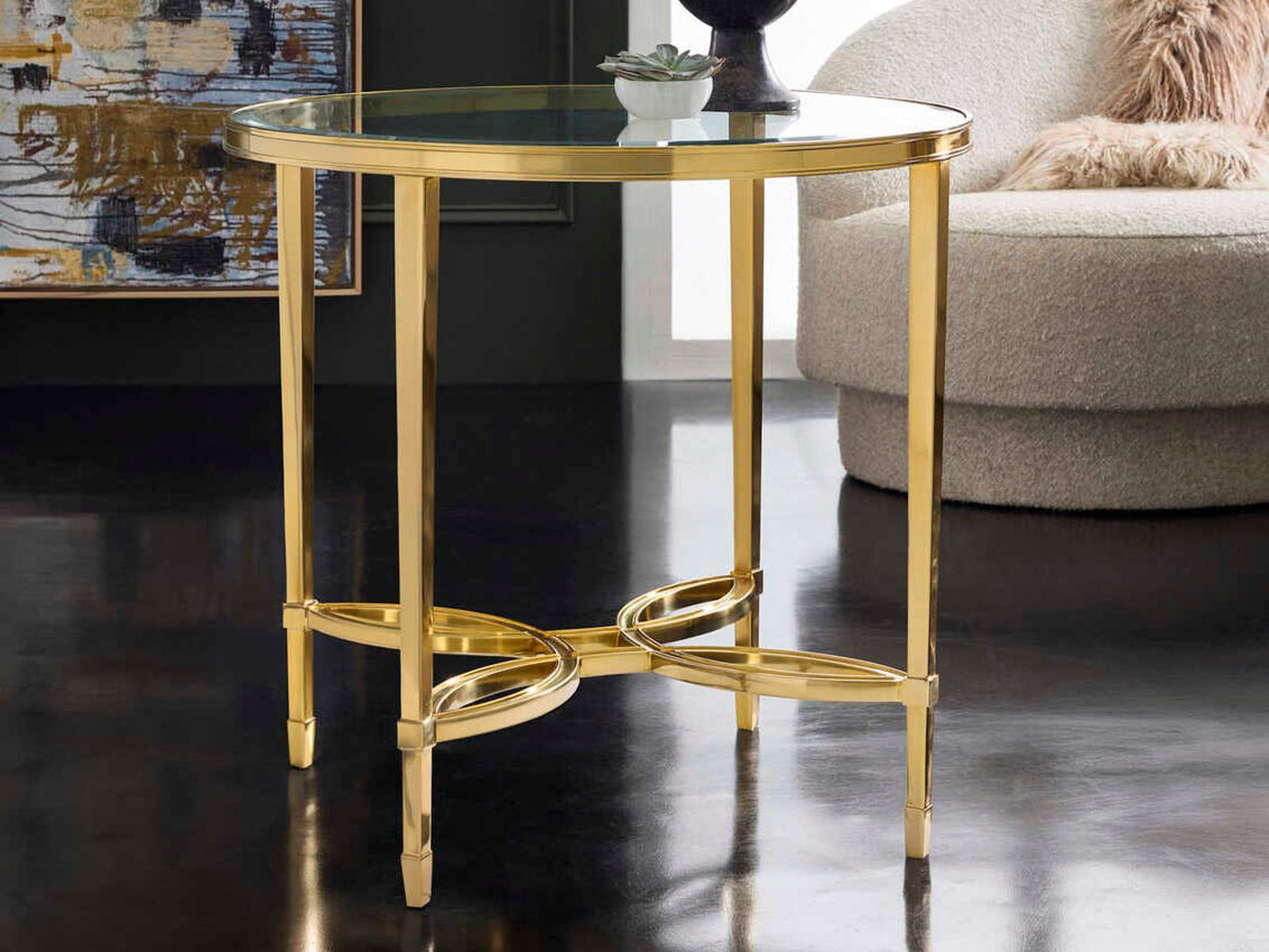 Brielle Round Glass End Table with Polished Brass Frame