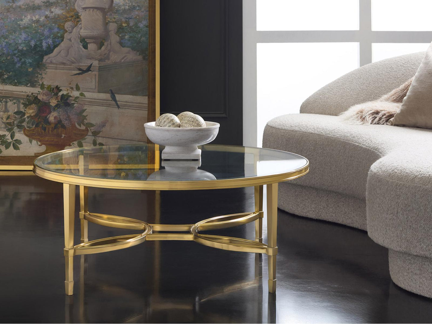 Brielle Round Glass Coffee Table with Polished Brass Frame
