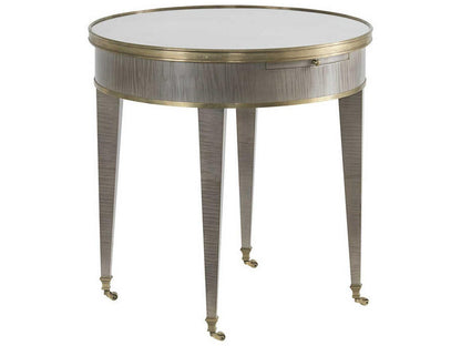 Tuxedo Round End Table in Grey Sycamore with Mirrored Top