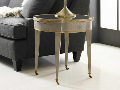 Tuxedo Round End Table in Grey Sycamore with Mirrored Top