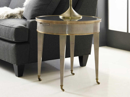 Tuxedo Round End Table in Grey Sycamore with Mirrored Top