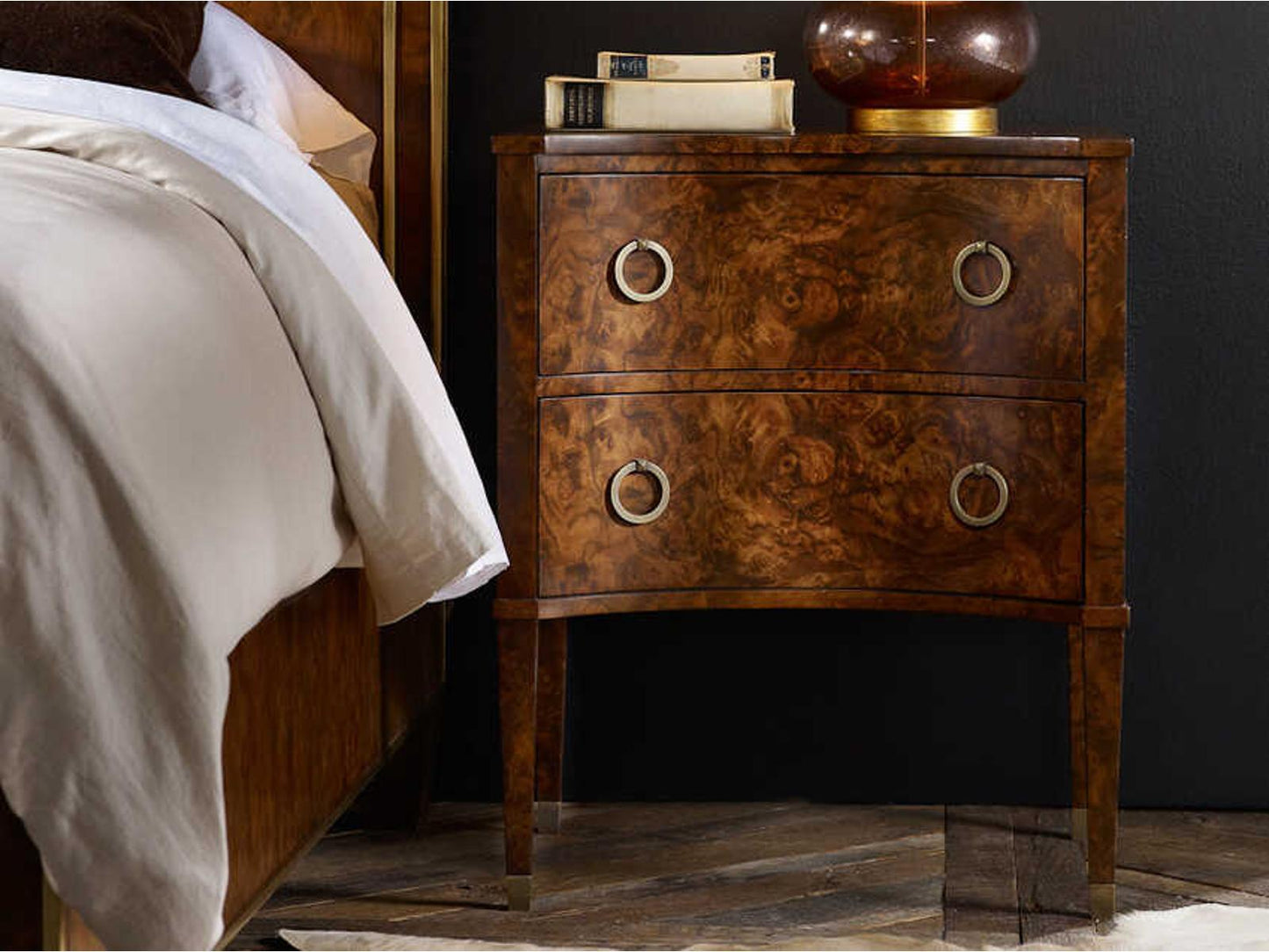 Concave 2-Drawer Nightstand in Brown Walnut Burl Veneer