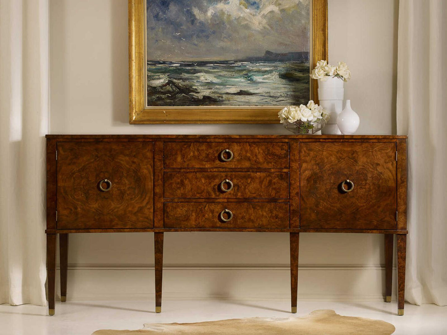 Concave 80-Inch Sideboard with Walnut Burl Veneer and Brass Hardware
