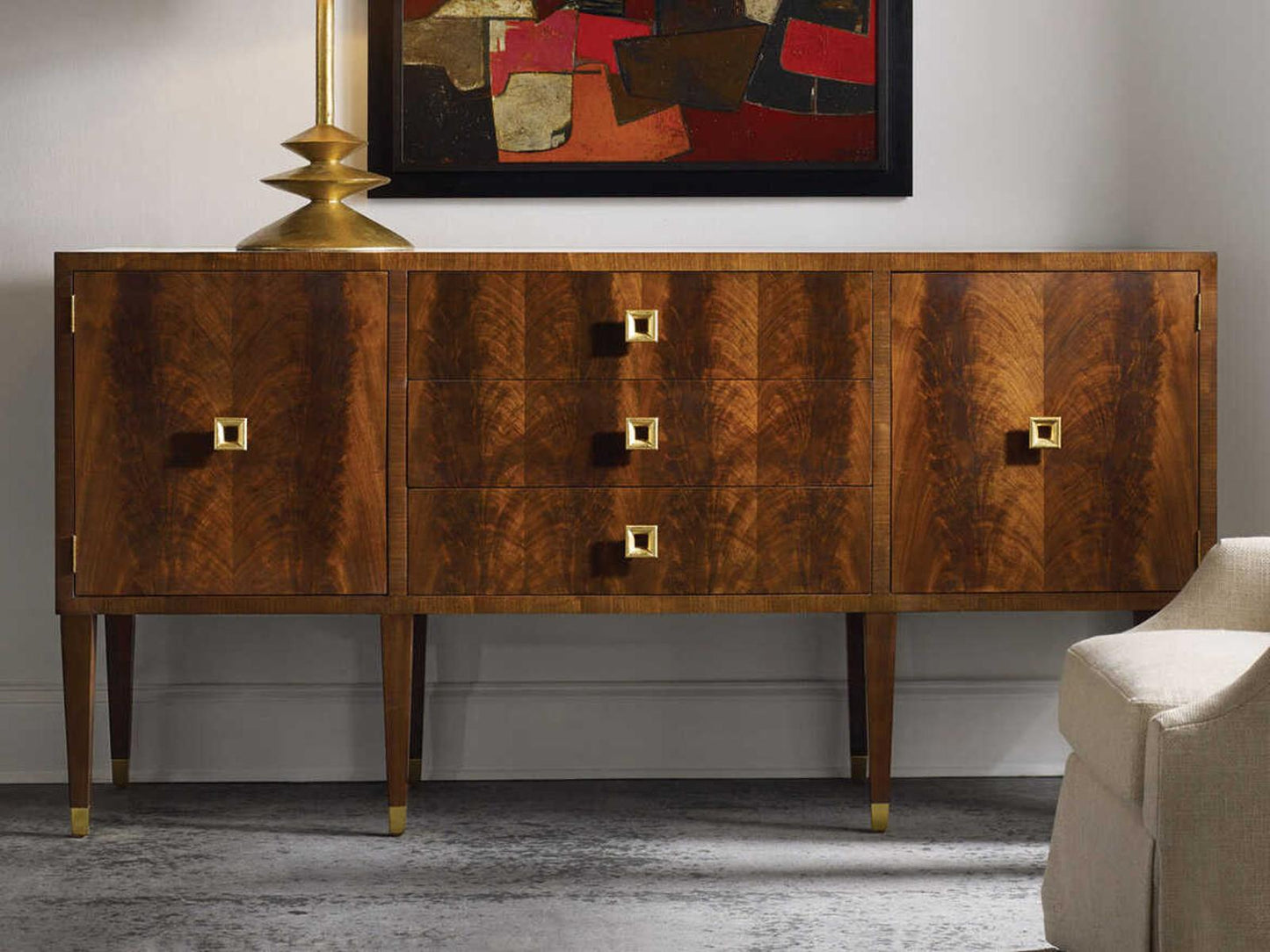Avignon 80 Inch Walnut Wood Sideboard with Gold Leaf Hardware