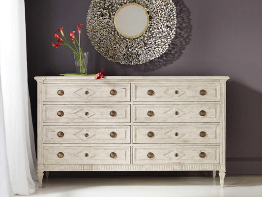 Paris 8-Drawer Double Dresser in Antique White with Brass Hardware