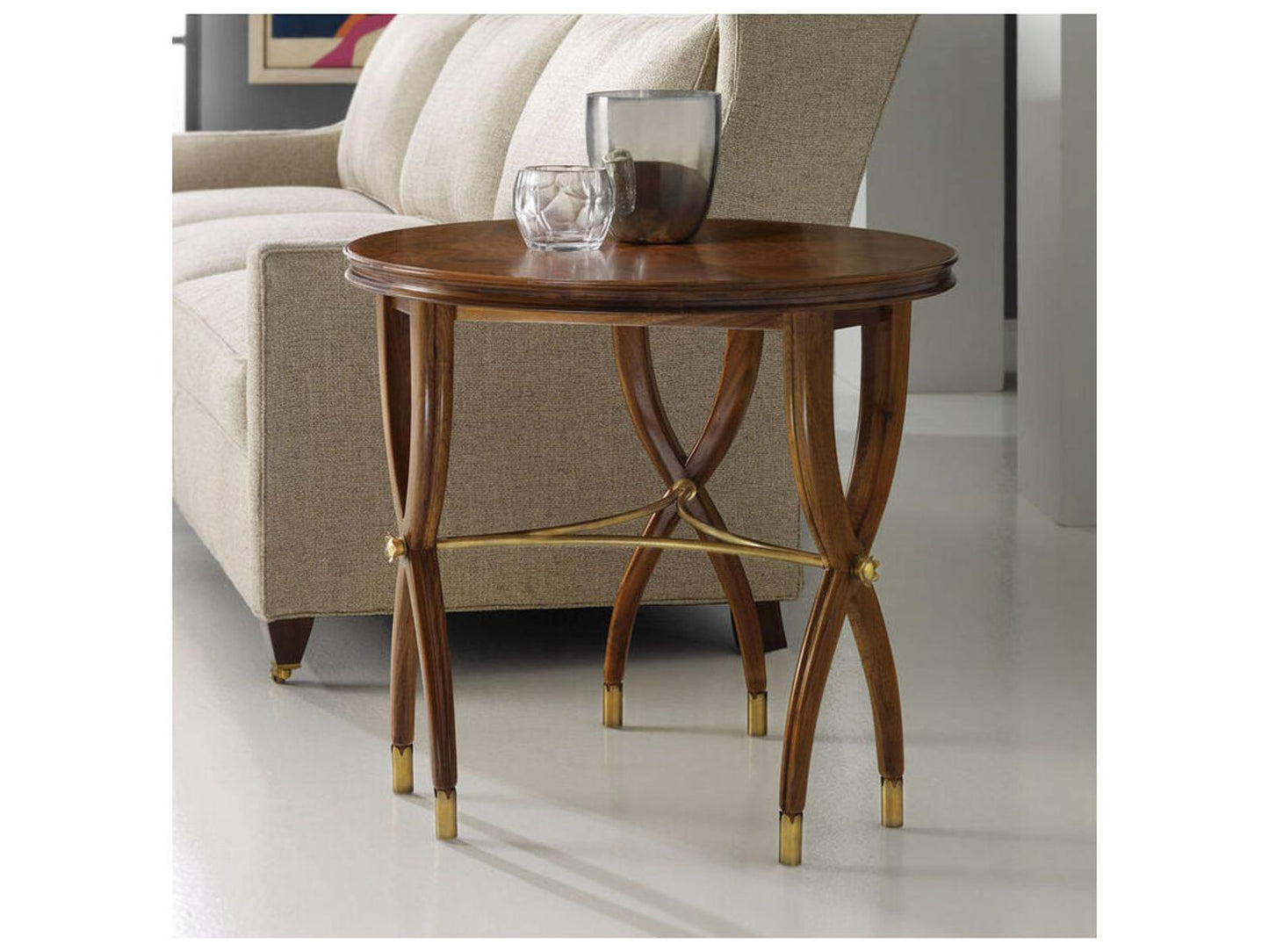 Marchand Round Wood End Table with Brass Detailing