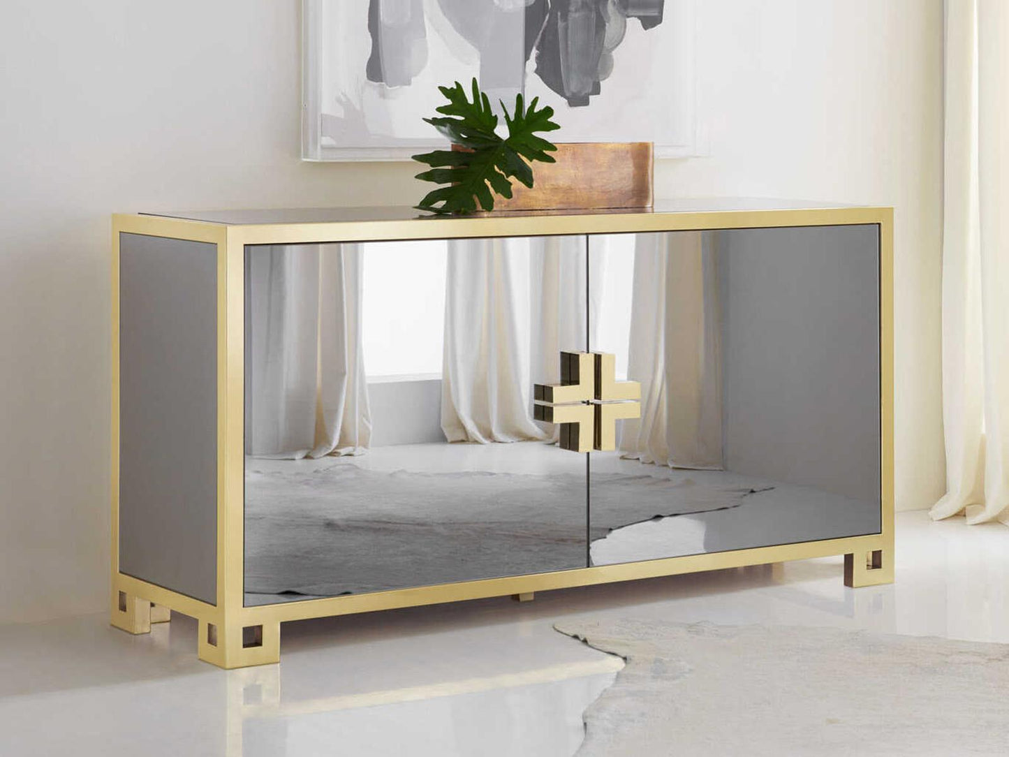 Smoked Mirror 67-Inch Sideboard with Gold Leaf Accents