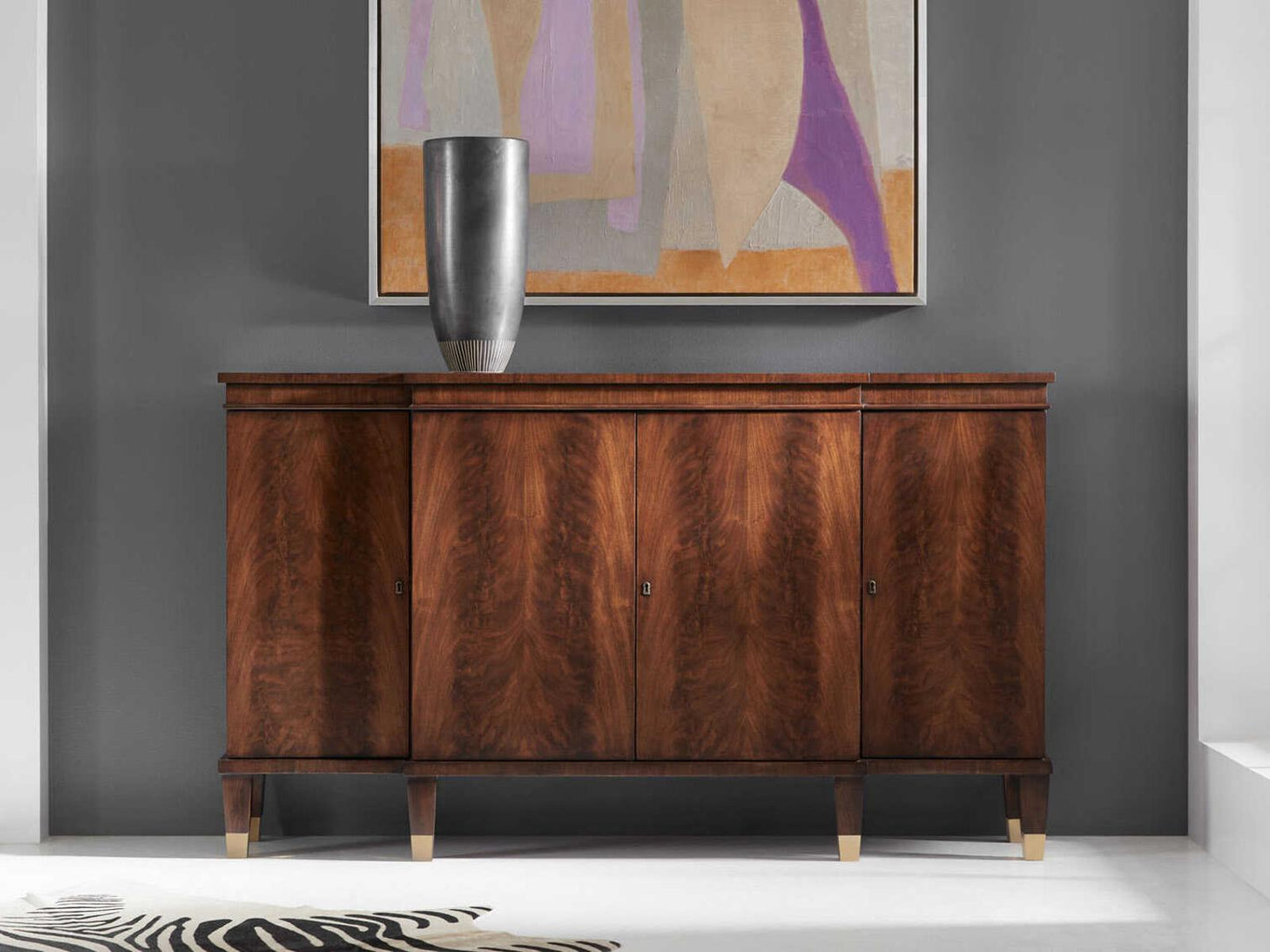 Walnut 62 Inch Breakfront Sideboard with Brass Capped Feet