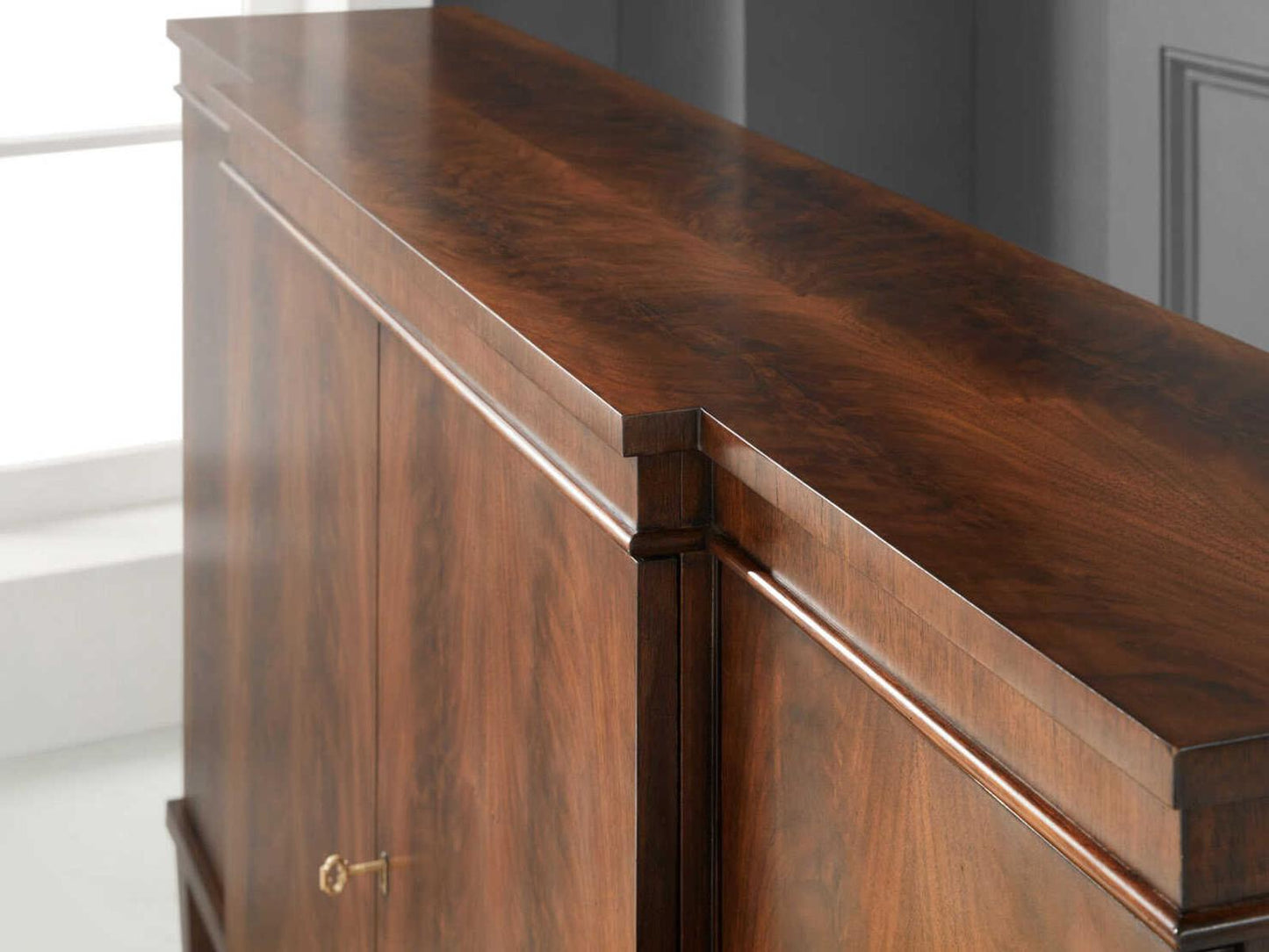 Walnut 62 Inch Breakfront Sideboard with Brass Capped Feet