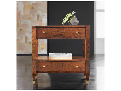 Concave 2-Drawer Nightstand in Walnut Burl with Polished Brass Knobs