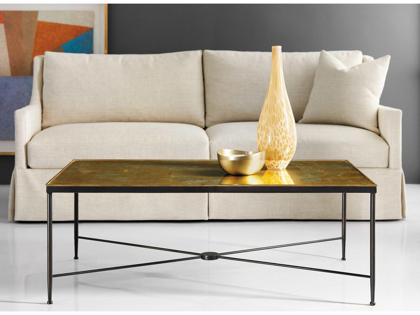 Rectangular Wrought Iron Coffee Table with Gold Leaf Eglomise Glass