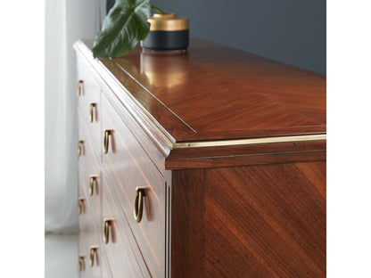 Villeneuve 3-Drawer Nightstand in Brown Oak Wood with Brass Accents