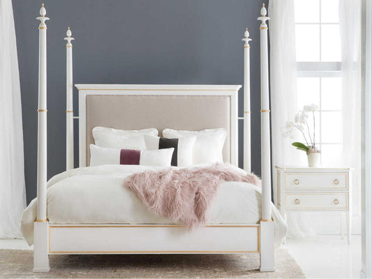Covington Brushed White Painted Upholstered Queen Poster Bed