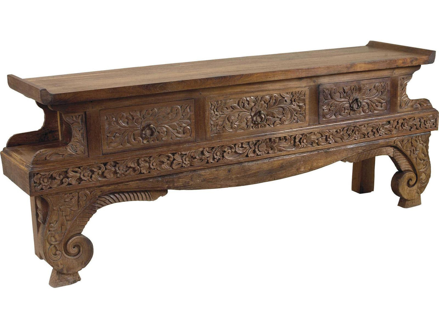 Ming Rectangular Console Table in Natural Mahogany with Floral Carving