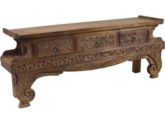 Ming Rectangular Console Table in Natural Mahogany with Floral Carving