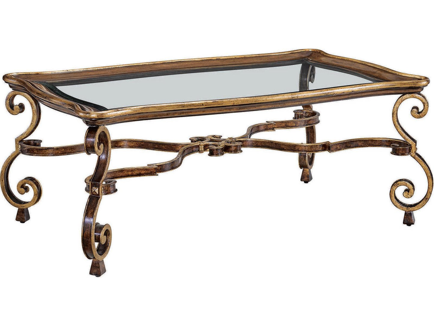 Aria Rectangular Glass Cocktail Table in Bronze and Aged Gold