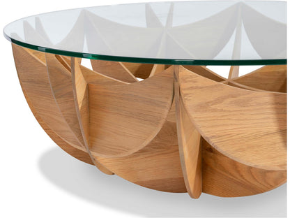 Oak Honeycomb Round Glass Coffee Table