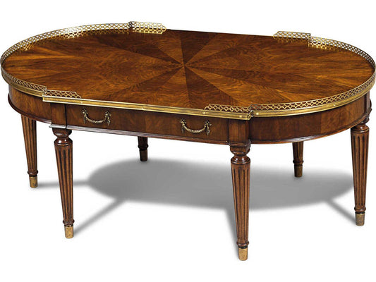 Starboard Oval Crotch Crown Walnut Cocktail Table with Brass Accents