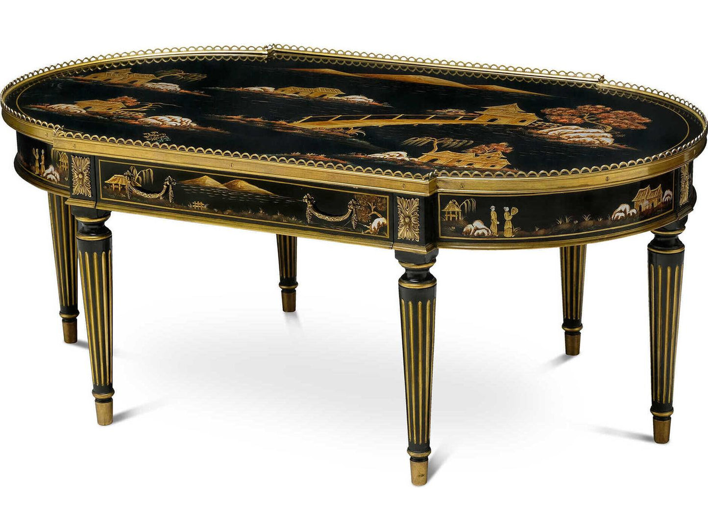 Fortune Oval Wood Black Lacquered Cocktail Table with Chinoiserie Details