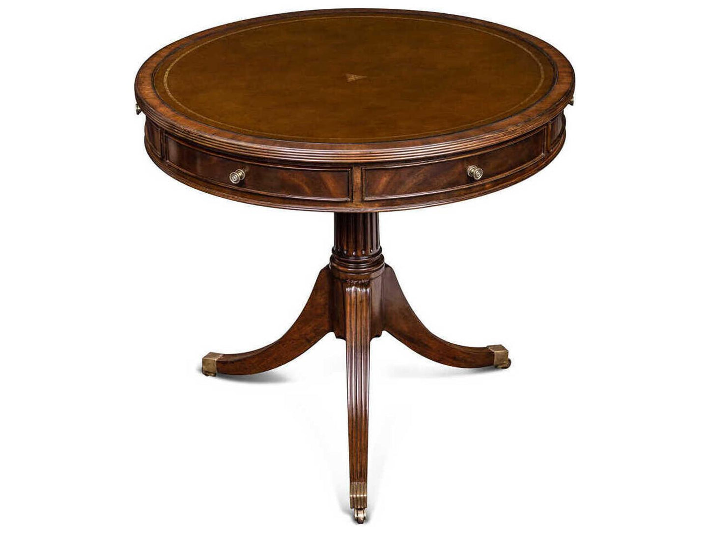 Maitland-Smith Flank Round End Table in Crotch Mahogany Leather and Brass