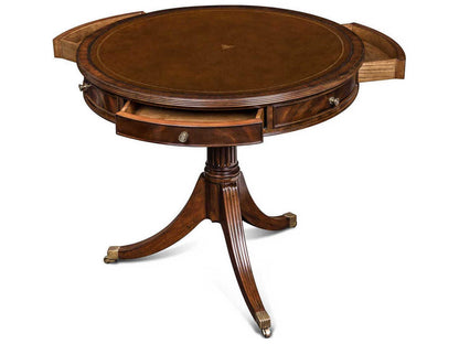Maitland-Smith Flank Round End Table in Crotch Mahogany Leather and Brass