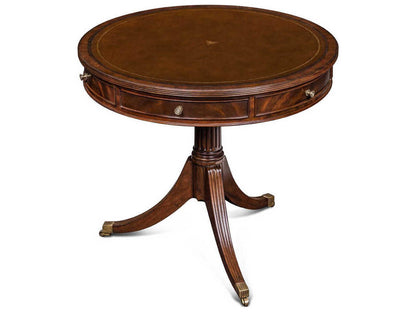 Maitland-Smith Flank Round End Table in Crotch Mahogany Leather and Brass