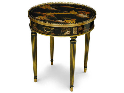 Silk Round Chinoiserie End Table Black Lacquer with Brass Accents