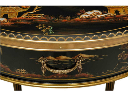 Silk Round Chinoiserie End Table Black Lacquer with Brass Accents