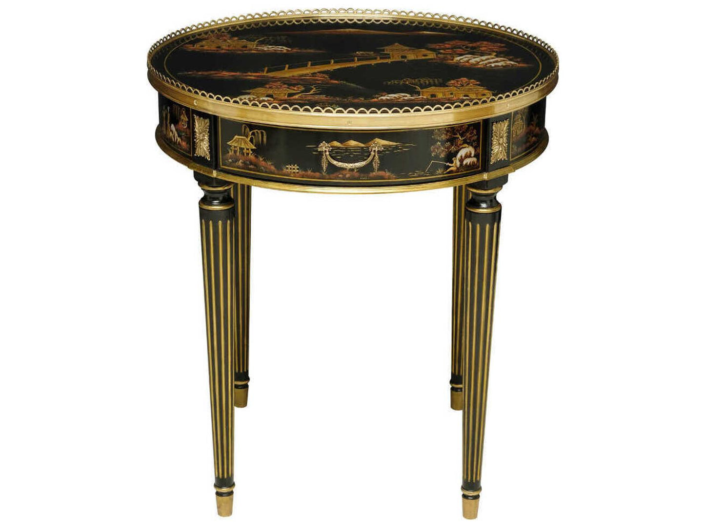 Silk Round Chinoiserie End Table Black Lacquer with Brass Accents