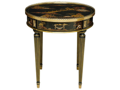 Silk Round Chinoiserie End Table Black Lacquer with Brass Accents