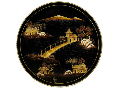 Silk Round Chinoiserie End Table Black Lacquer with Brass Accents
