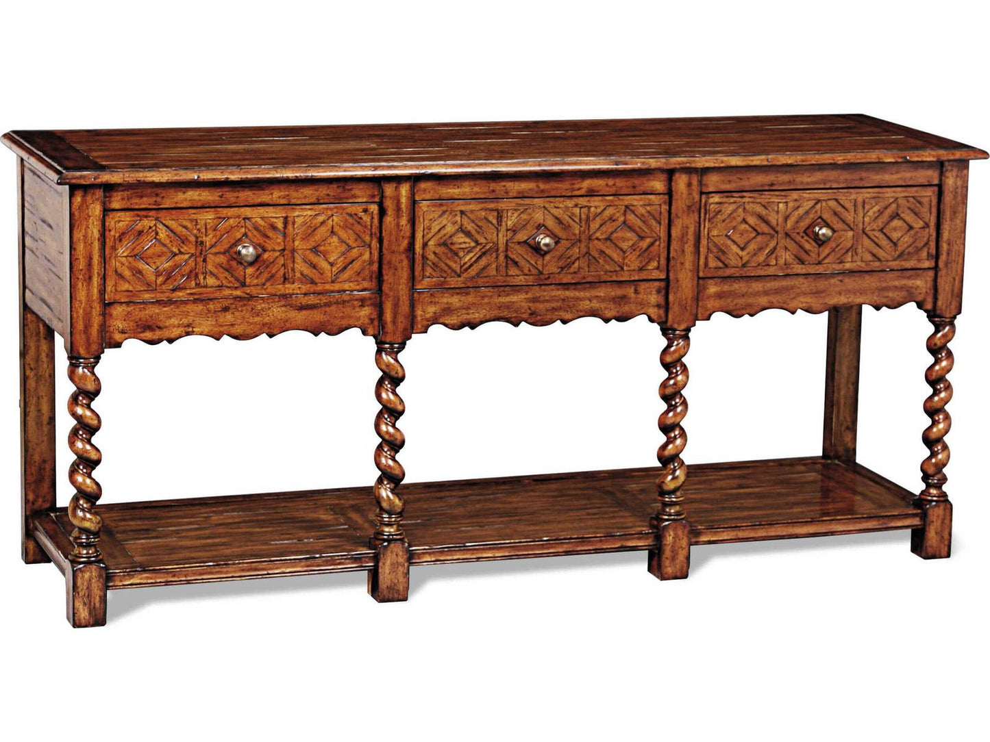 Serpentine 72-Inch Huntboard with Geometric Carvings and Brass Hardware