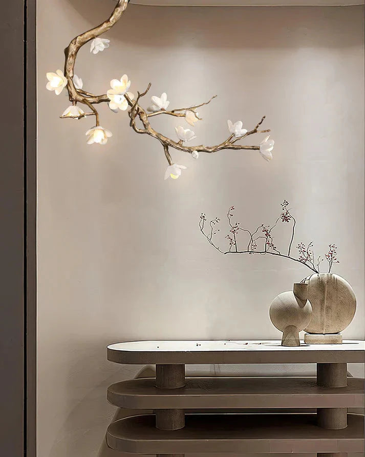 Magnolia Branch & Brass Floral Chandelier