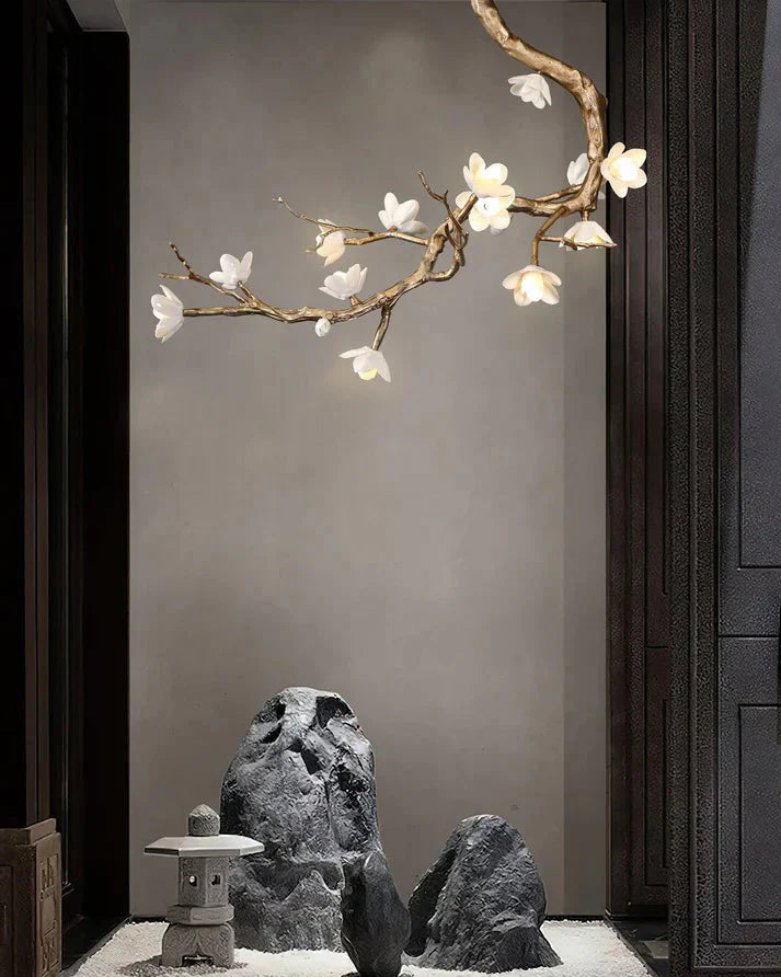 Magnolia Branch & Brass Floral Chandelier
