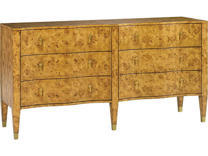 Serpentine 6-Drawer Double Dresser in Rustic Burl with Brass Hardware