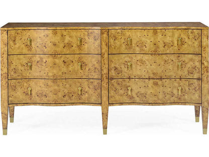 Serpentine 6-Drawer Double Dresser in Rustic Burl with Brass Hardware